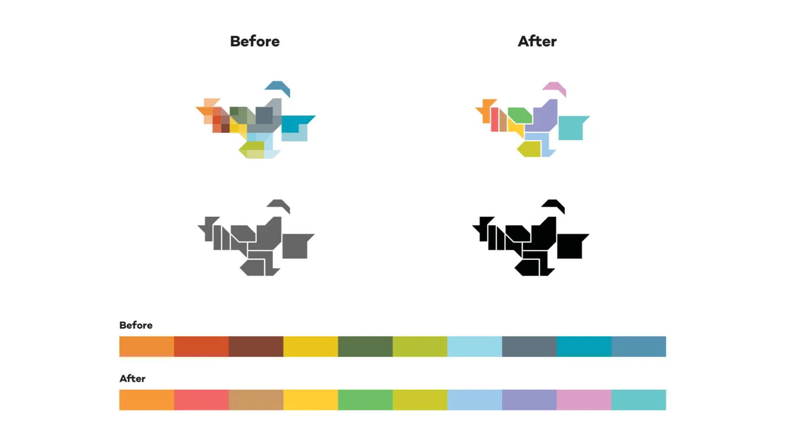 Before and after of the Hverfisskipulag logo and colour palette.