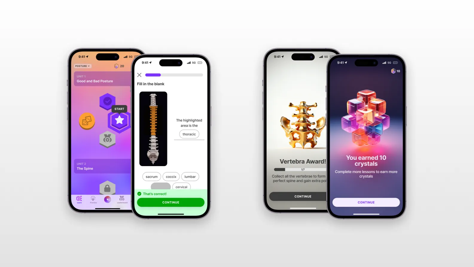 Health Protocol mobile screens: gamified spine lessons and crystal rewards.