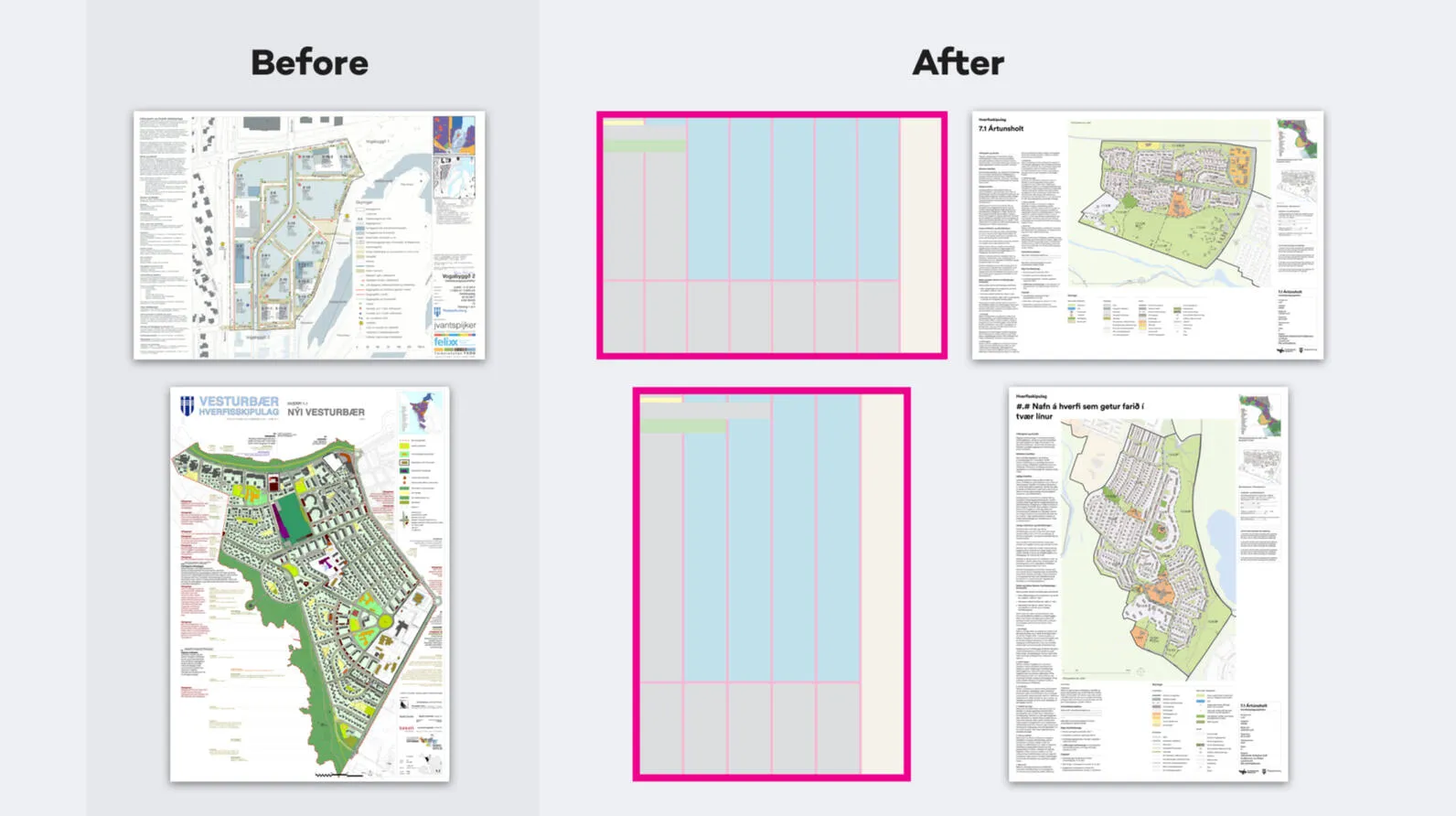 Before and after of the planning posters on a new layout grid.