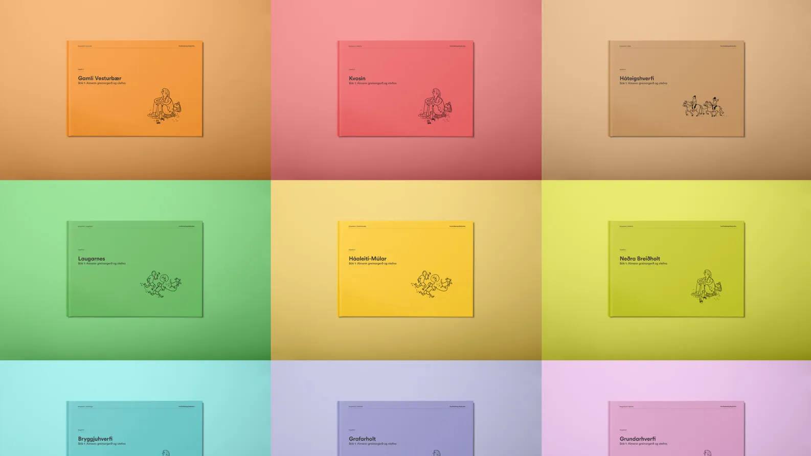 Planning book covers in the full colour system, one per city district.