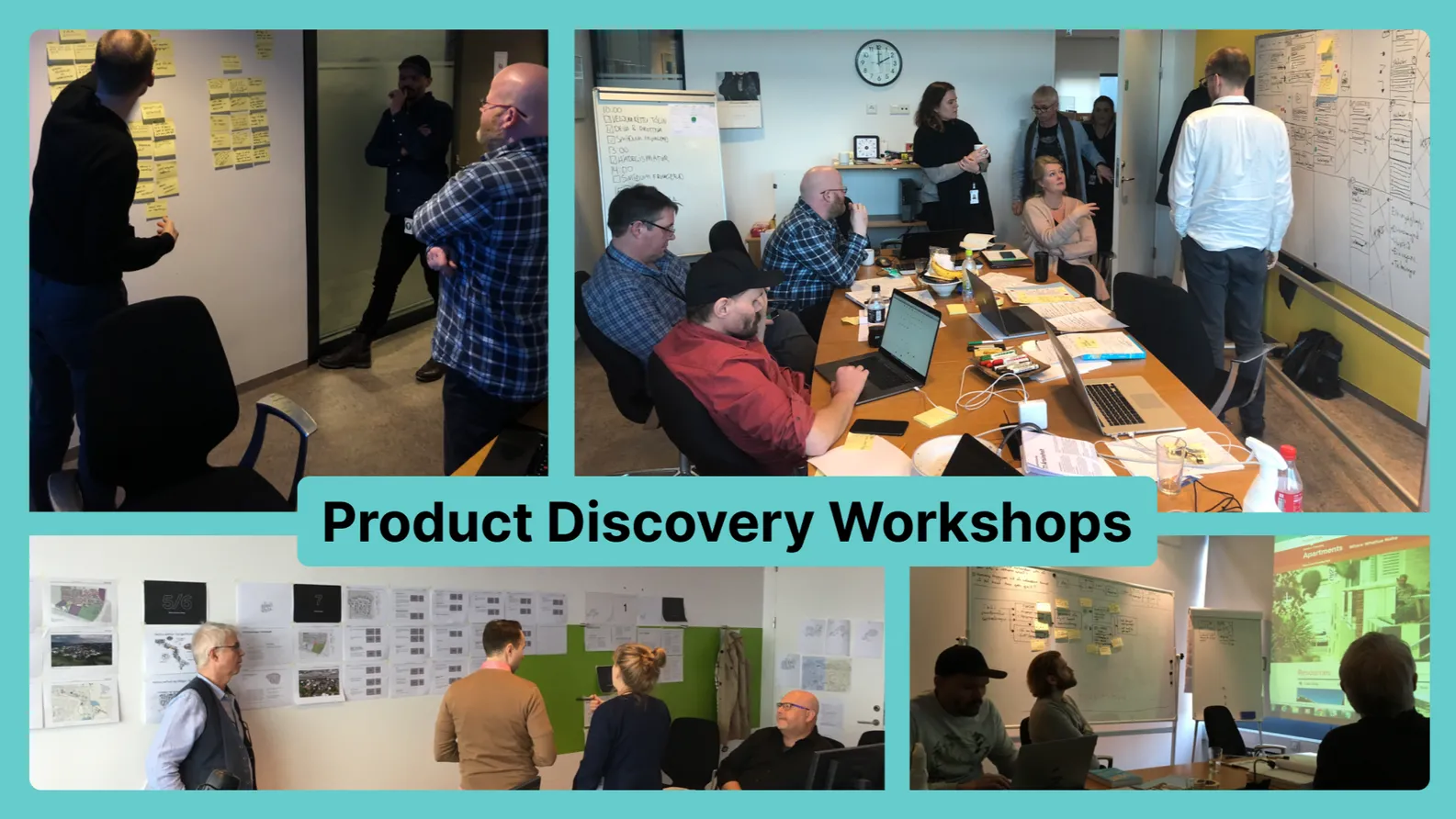 Product Discovery Workshops: Reykjavik City staff and the Ox team working with sticky notes, whiteboards and wall-mounted plans.