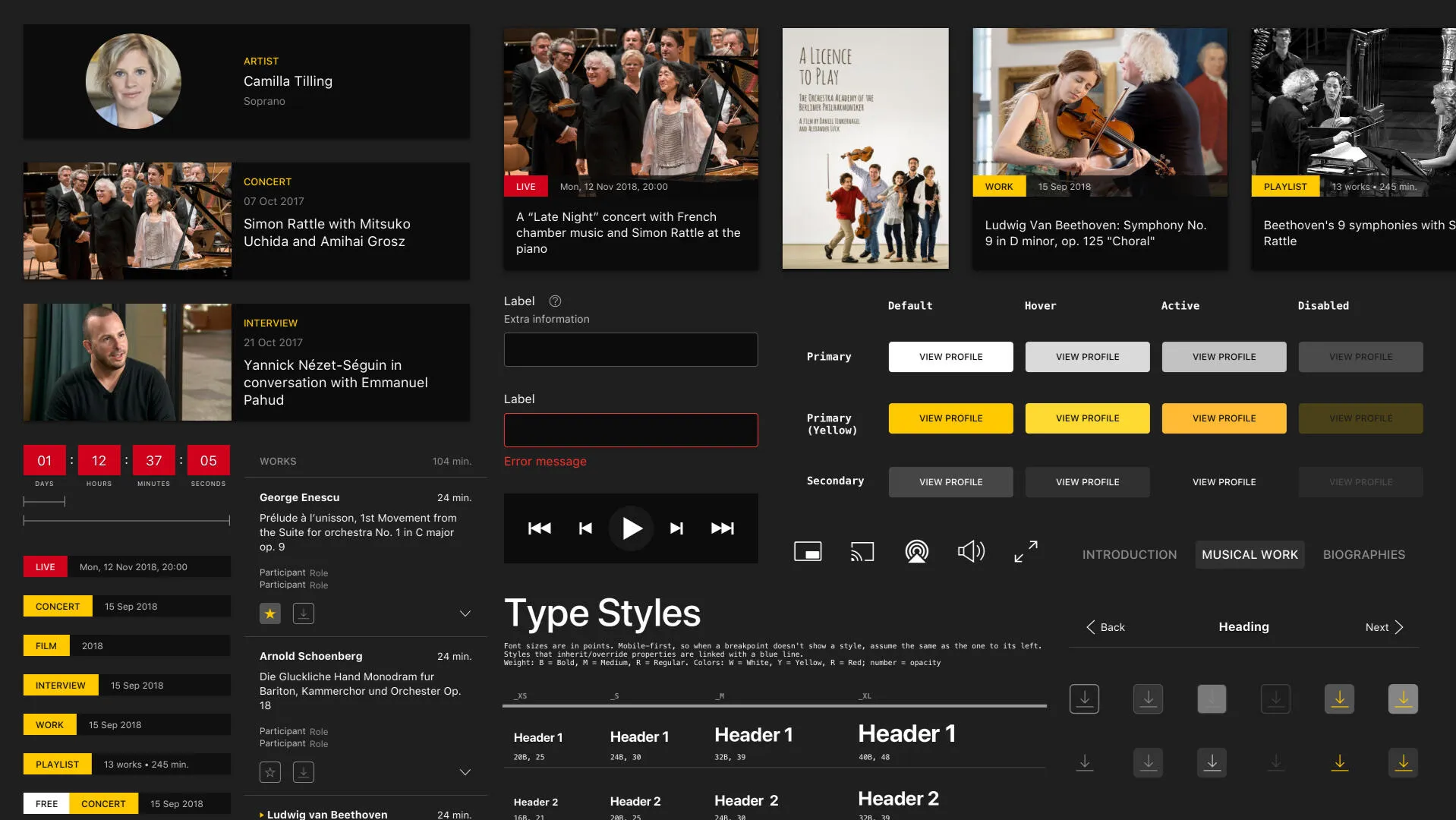 Digital Concert Hall design system: content cards, labels, countdown, buttons in all states, player controls and type styles.