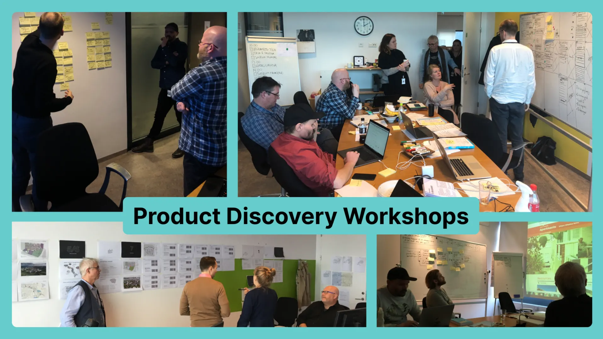 Product Discovery Workshops: four photos of Reykjavik City staff and the Ox team working with sticky notes, whiteboards and wall-mounted plans around a meeting table.