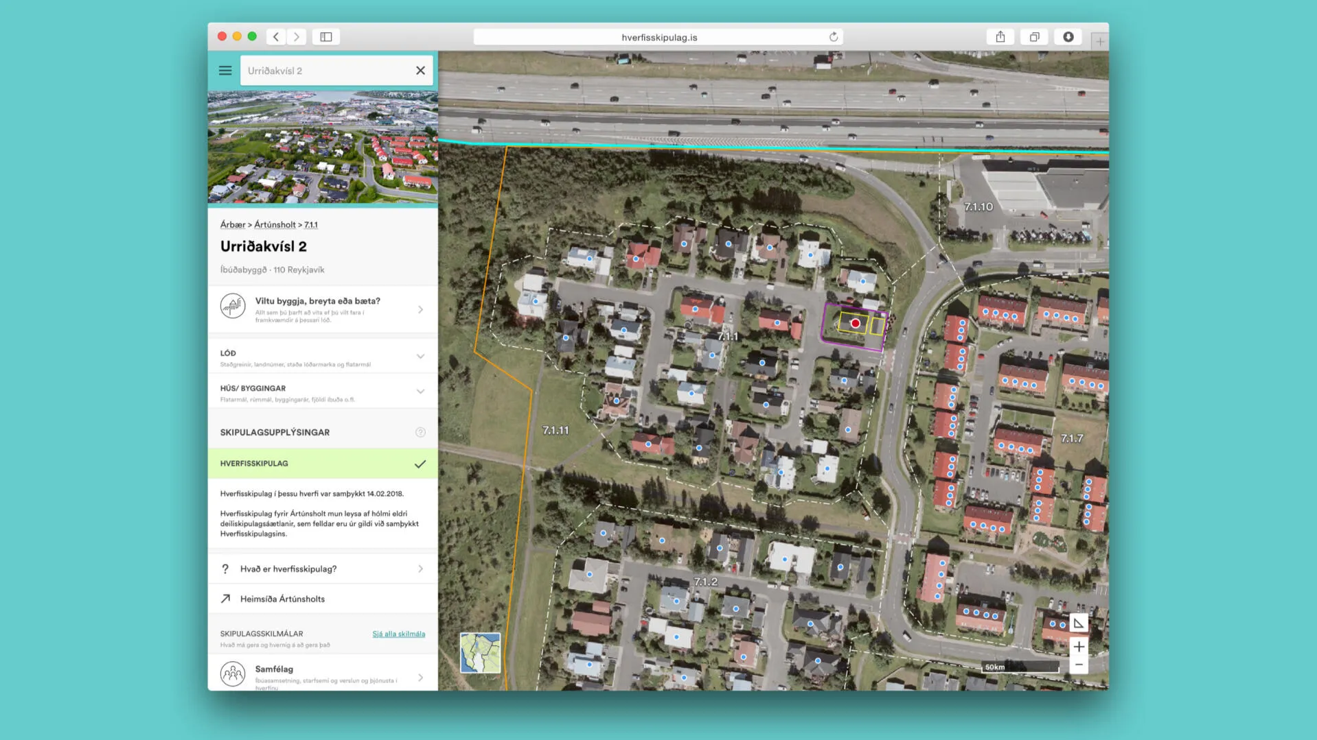 Planning web app on desktop: property details for Urriðakvísl 2 beside the aerial map.