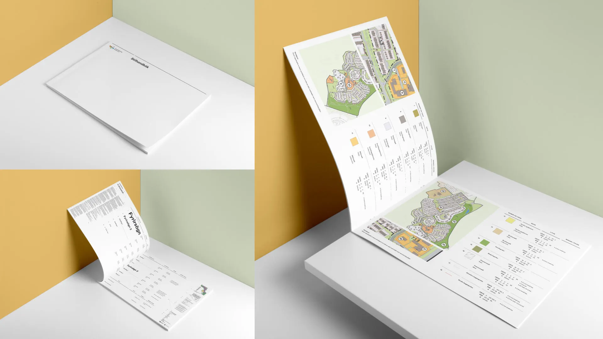 Printed planning posters on a split-colour background.